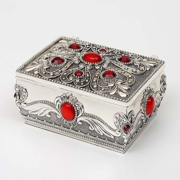 Kırmızı Taşlı Gümüş Metal Mücevher Kutusu 4615