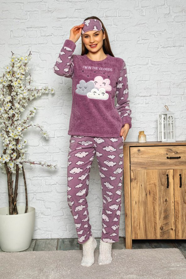 Kışlık Uzun Kollu Bayan Peluş Polar Pijama Takımı