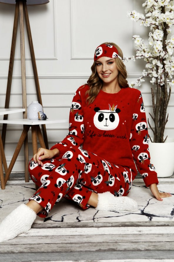 Kışlık Uzunkollu Desenli Polar Peluş Bayan Pijama Takımı
