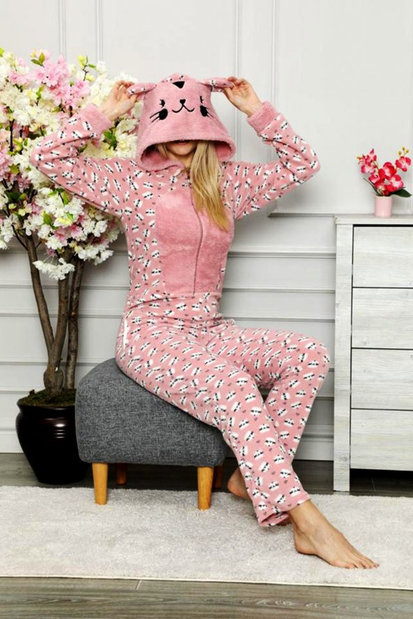 Kışlık Bayan Polar Peluş Tulum Pijama Takımı