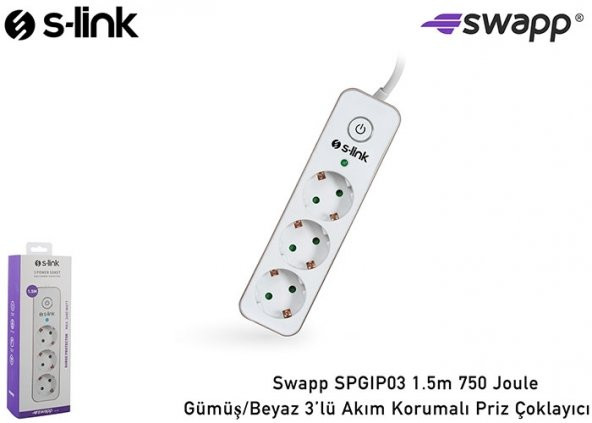 S-link Swapp SPGIP03 1.5m 750 Joule Gümüş-Beyaz 3Lü Akım Kor. Priz Çoklayıcı - 1