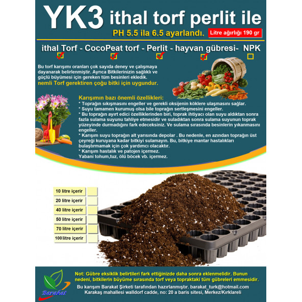 50 LT YK3 ithal Torf  cocopeat perlit ile. Çiçek Sebze tohumu Toprak