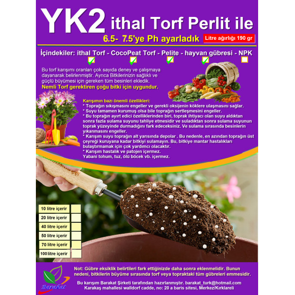 100 LT YK2 cocopeat perlit ile + ithal Torf. Çiçek ve Sebze için Toprak)