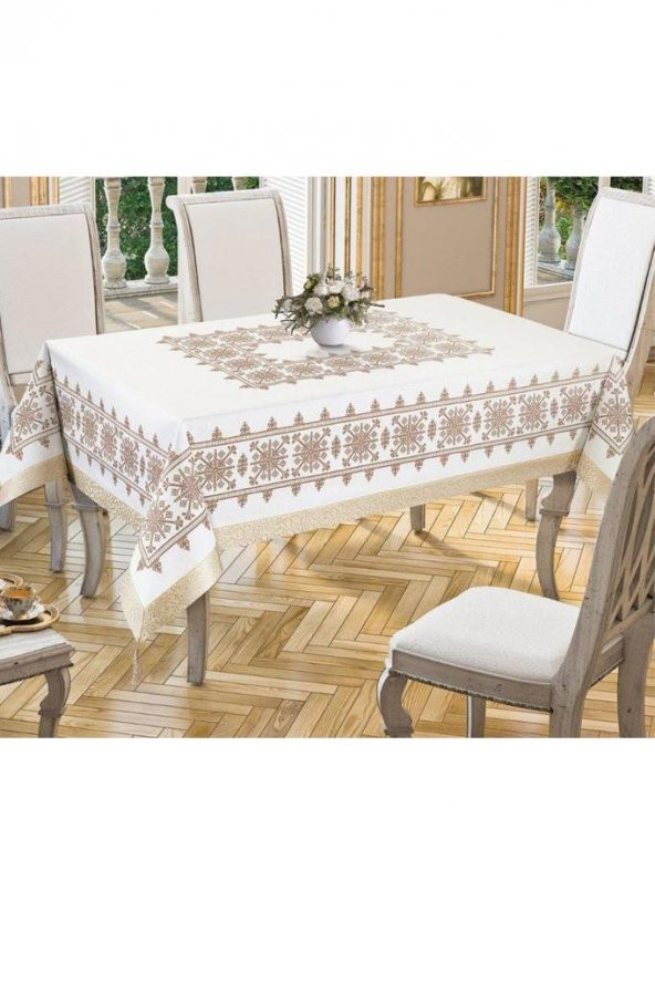 Kanaviçe Baskılı Sultan Masa Örtüsü Gold 160x300 Cm - Resim 4