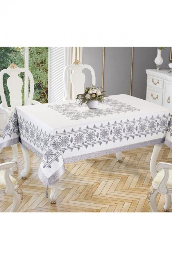 Kanaviçe Baskılı Sultan Masa Örtüsü Silver 160x300 Cm - Resim 4