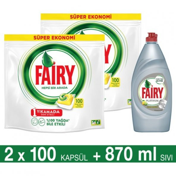 Fairy Hepsi Bir Arada Bulaşık Makinesi Deterjanı Kapsülü Limon Kokulu 100 Yıkama 2li Paket + Platinum Sıvı Bulaşık Deterjanı Limon 870 ml + Sünger