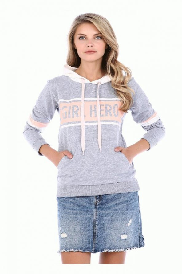 Beyaz Kapüşonlu Baskılı Kollu Gri Kadın Sweatshirt