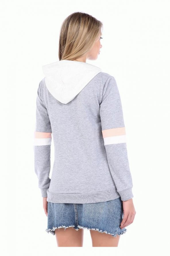 Beyaz Kapüşonlu Baskılı Kollu Gri Kadın Sweatshirt - 4