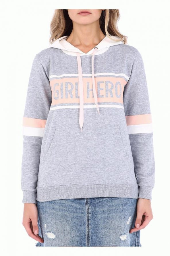 Beyaz Kapüşonlu Baskılı Kollu Gri Kadın Sweatshirt - 3