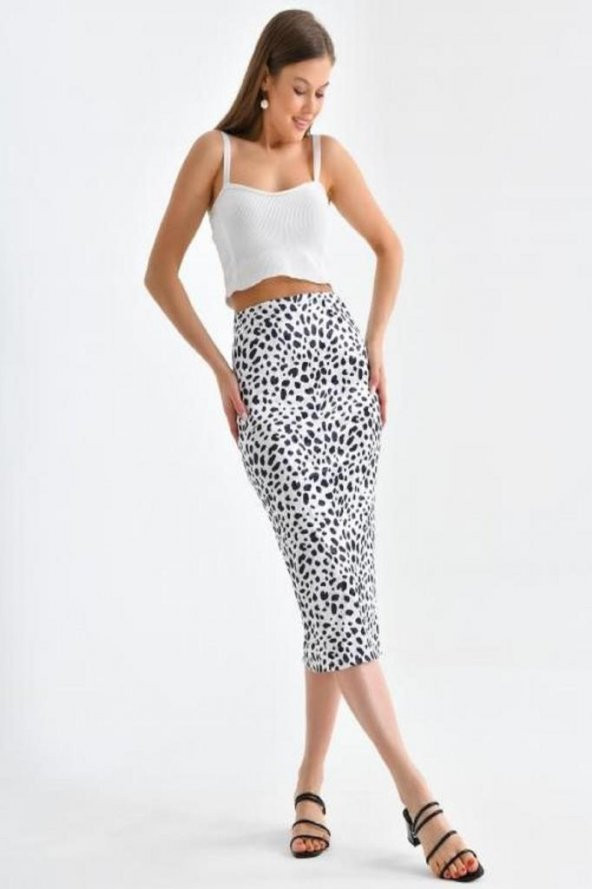 Belden Lastikli Zebra Desenli Kadife Kalem Kadın Etek