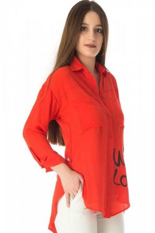 Baskı ve Yırtmaç Detaylı Fuşya Kadın Gömlek