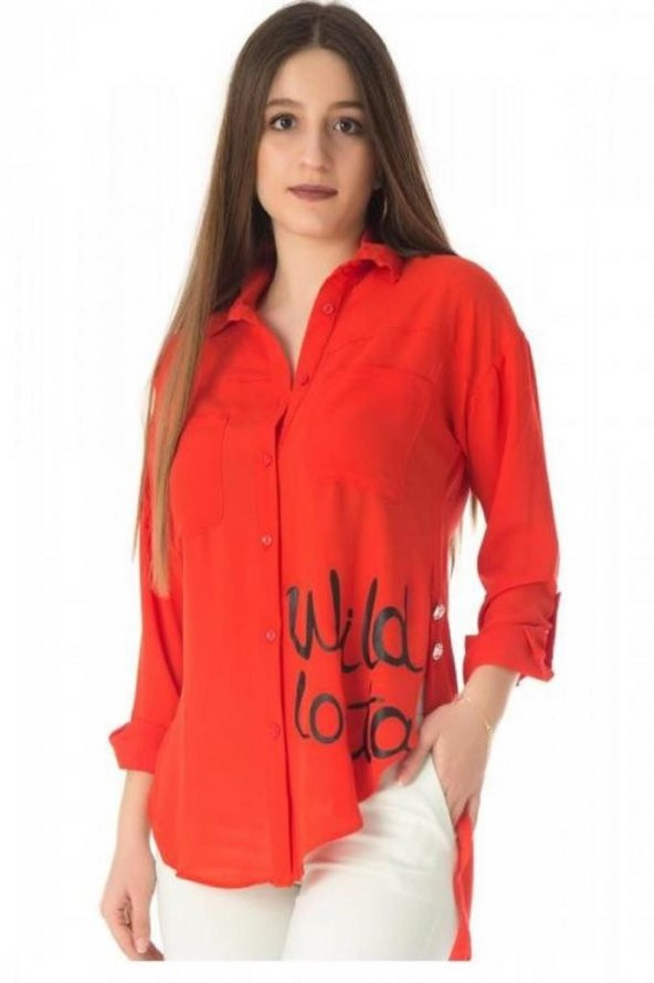 Baskı ve Yırtmaç Detaylı Fuşya Kadın Gömlek - 2
