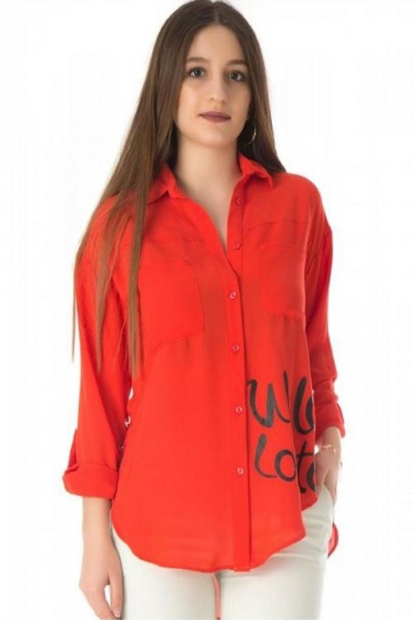 Baskı ve Yırtmaç Detaylı Fuşya Kadın Gömlek - 3