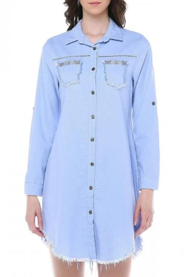 Püsküllü Cepleri Sütun Taşlı Mavi Kadın Keten Tunik - 3