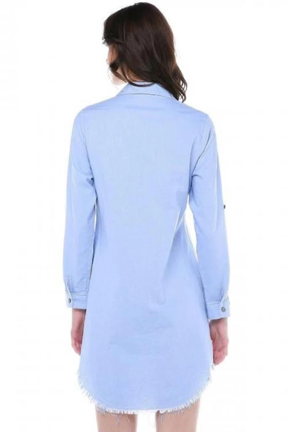 Püsküllü Cepleri Sütun Taşlı Mavi Kadın Keten Tunik - 4