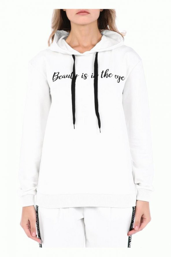 Kapüşonlu Baskılı Beyaz Kadın Sweatshirt - 3