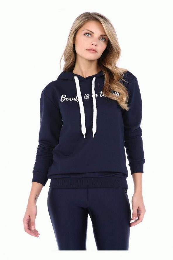 Kapüşonlu Baskılı Lacivert Kadın Sweatshirt