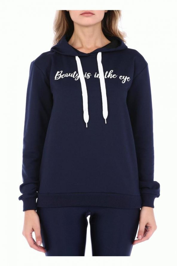 Kapüşonlu Baskılı Lacivert Kadın Sweatshirt - 3