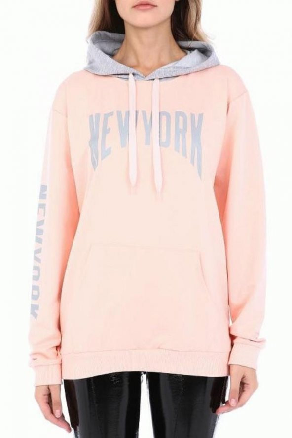 Kapüşonlu Kol ve Göğüs Baskılı Pudra Kadın Sweatshirt - 3