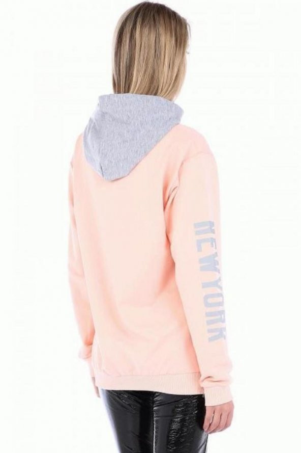 Kapüşonlu Kol ve Göğüs Baskılı Pudra Kadın Sweatshirt - 4