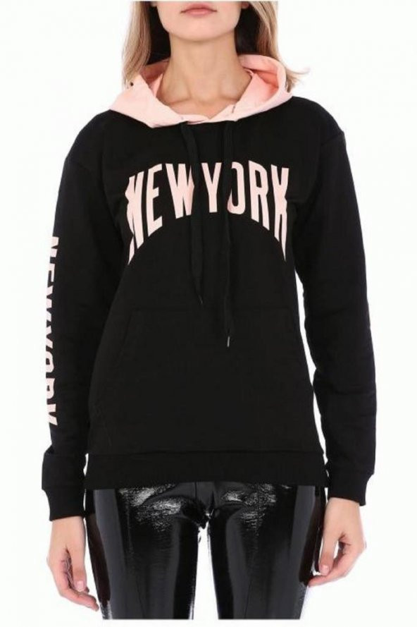 Kapüşonlu Kol ve Göğüs Baskılı Siyah Kadın Sweatshirt - 3