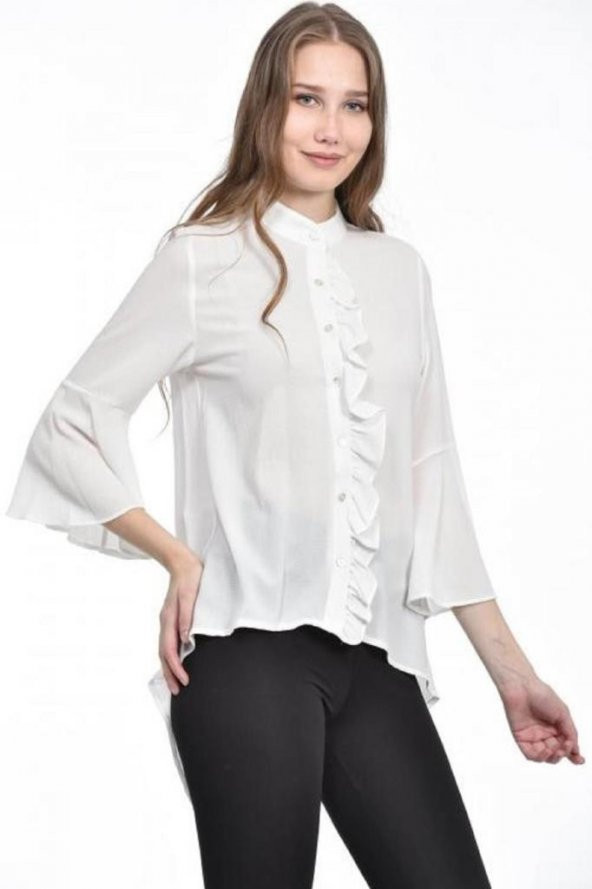 Fırfır Detaylı Beyaz Kadın Gömlek - 2