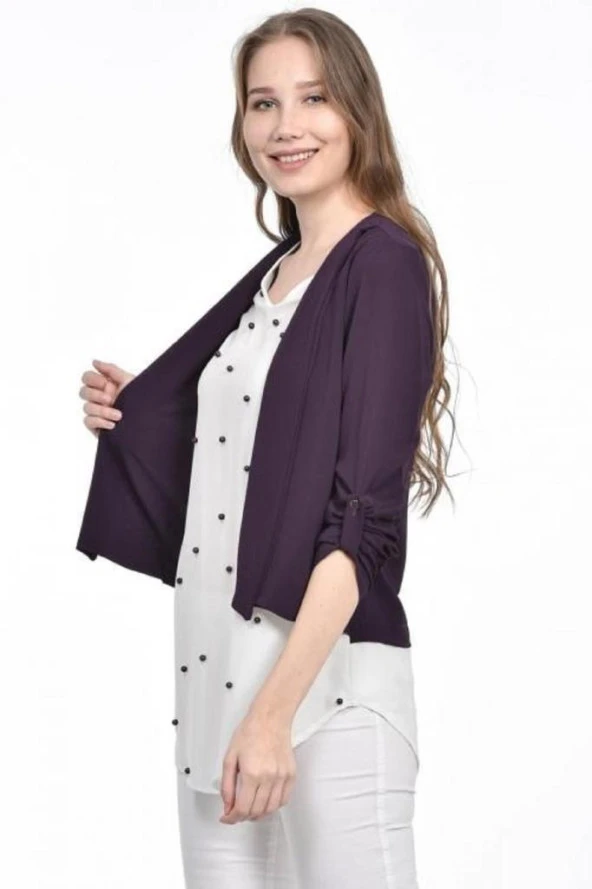 İnci Detaylı Mor Kadın Krep Bluz - 3