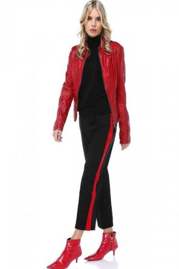 Kırmızı Şeritli Siyah Bilek Kadın Pantolon