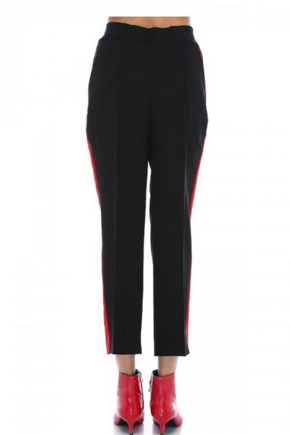 Kırmızı Şeritli Siyah Bilek Kadın Pantolon - 3