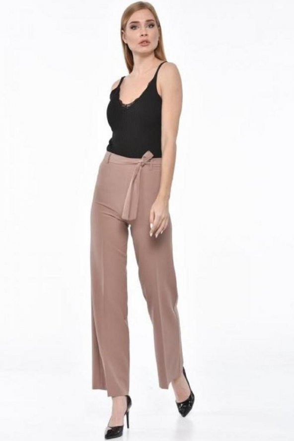 Kuşaklı Bol Paça Kahve Kadın Pantolon