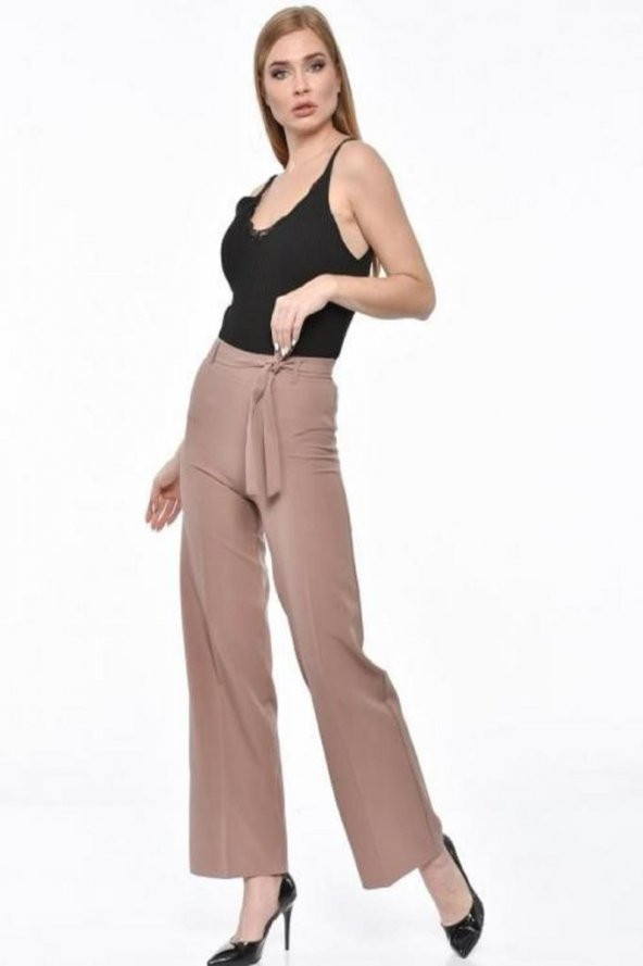 Kuşaklı Bol Paça Kahve Kadın Pantolon - 2