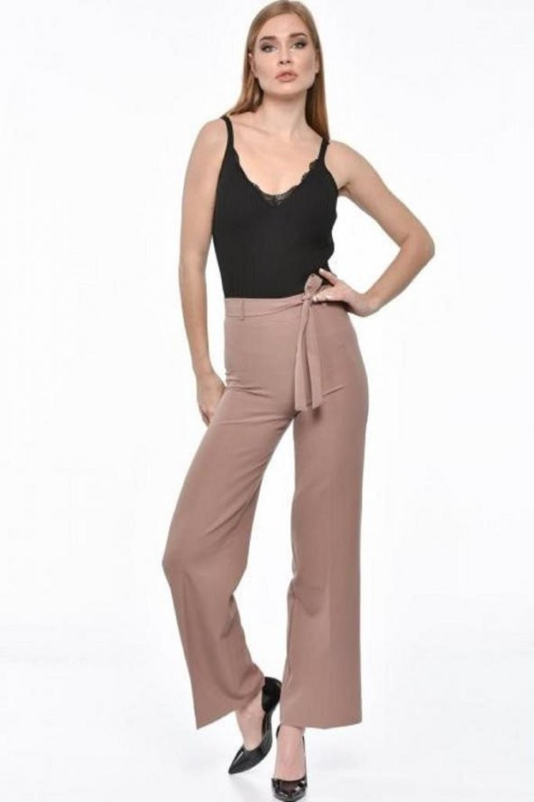 Kuşaklı Bol Paça Kahve Kadın Pantolon - 3