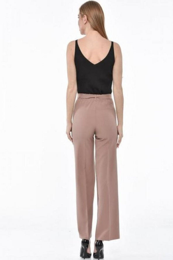 Kuşaklı Bol Paça Kahve Kadın Pantolon - 4