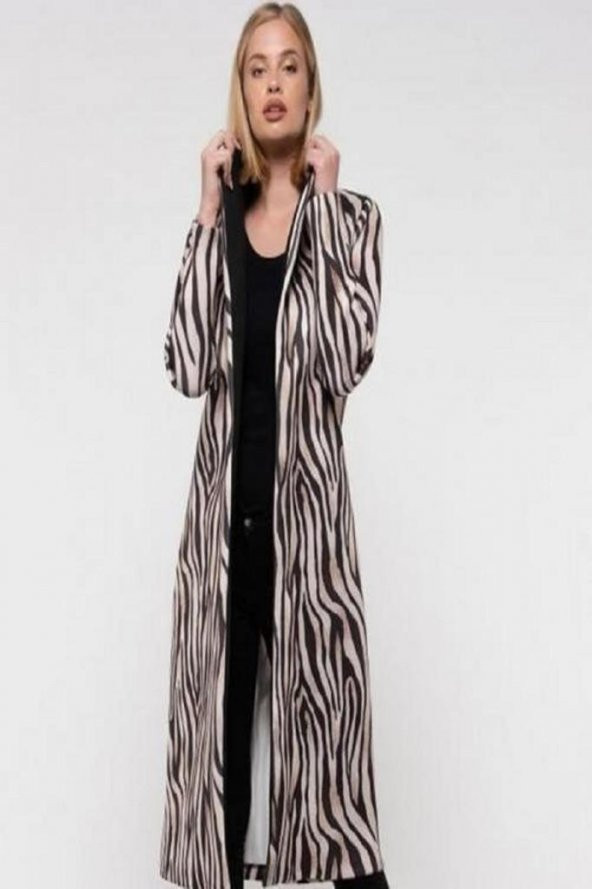 Kemerli Zebra Desenli Uzun Kadın Ceket - 1