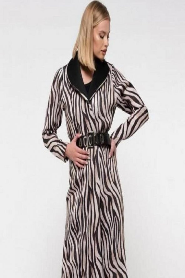 Kemerli Zebra Desenli Uzun Kadın Ceket - 2