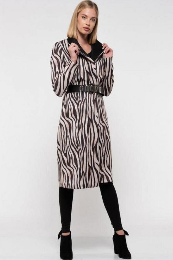 Kemerli Zebra Desenli Uzun Kadın Ceket - 3