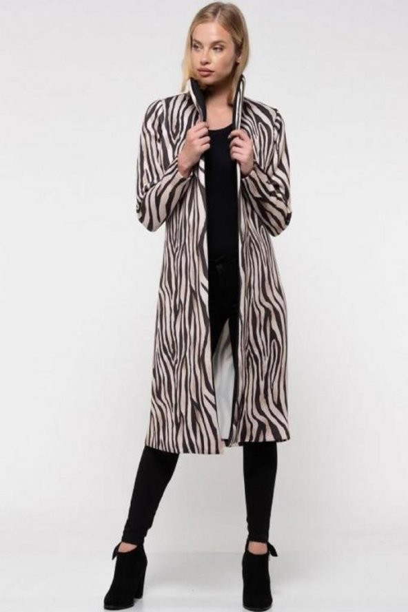 Kemerli Zebra Desenli Uzun Kadın Ceket - 4