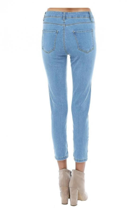 Mavi Açık Denim Taşlanmış Dar Paça Kadın Pantolon - 3