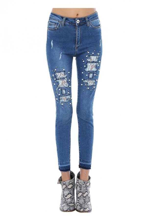 Mavi Denim İncili Yırtık Dantel Paçalı Kadın Pantolon - 2