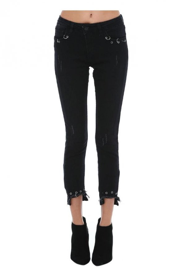 Siyah Denim Paça ve Cep Detaylı Kadın Pantolon - 2