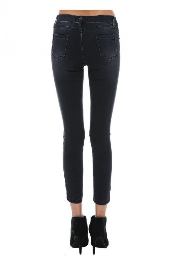 Siyah Denim İnci Taş ve Paça Detaylı Kadın Pantolon - 3