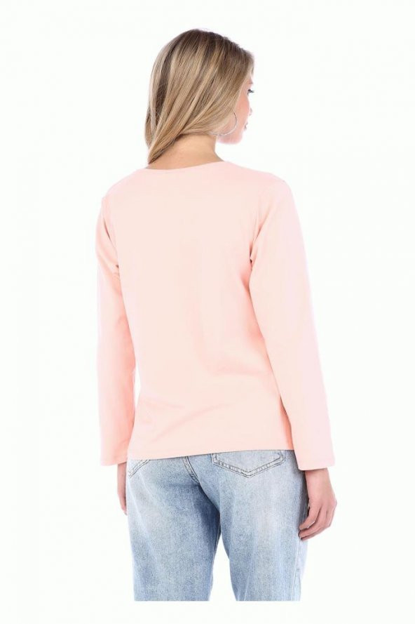 Bisiklet Yaka Uzun Kollu Friday Baskılı Pudra Kadın Tişört - 4