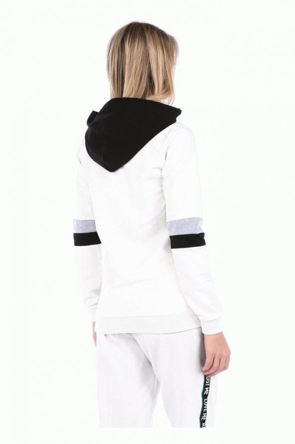 Siyah Kapüşonlu Baskılı Kollu Beyaz Kadın Sweatshirt - 4