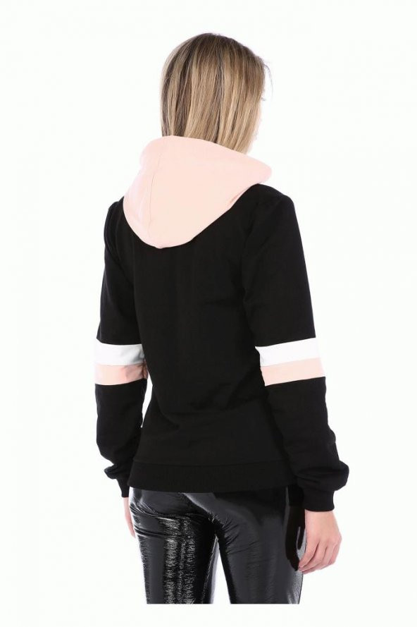 Pudra Kapüşonlu Baskılı Kollu Siyah Kadın Sweatshirt - 4
