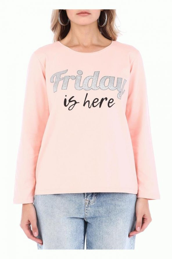 Bisiklet Yaka Uzun Kollu Friday Baskılı Pudra Kadın Tişört - 3