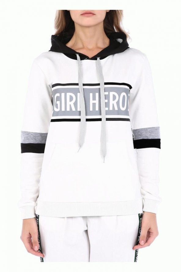 Siyah Kapüşonlu Baskılı Kollu Beyaz Kadın Sweatshirt - 3