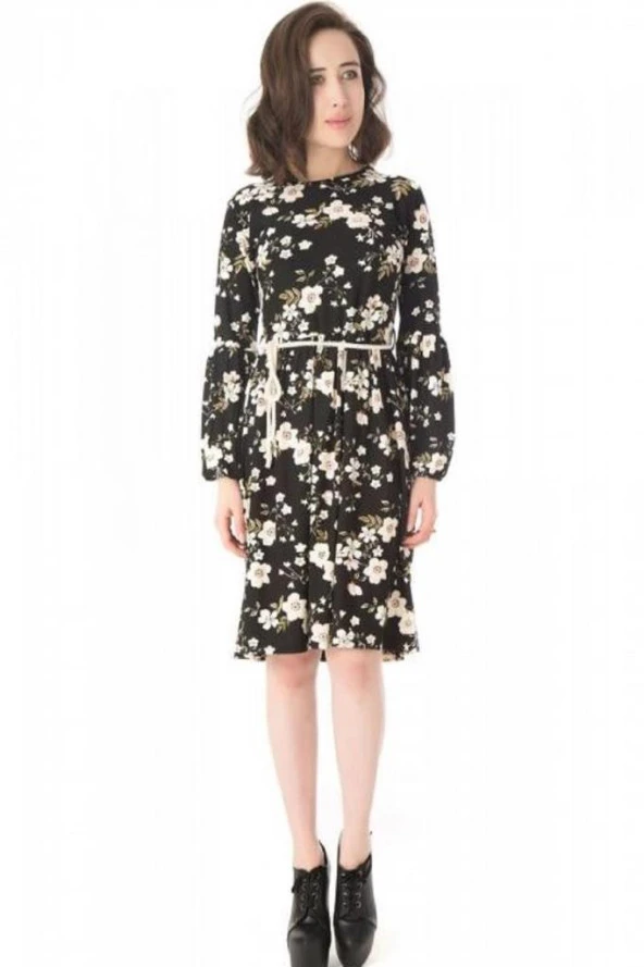 Uzun Büzgü Kol Viskon Siyah Kadın Elbise