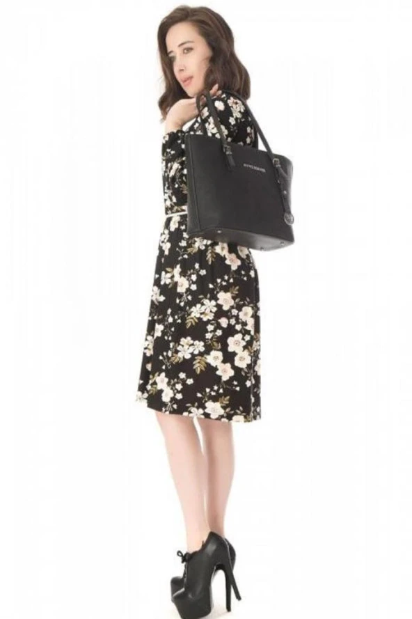 Uzun Büzgü Kol Viskon Siyah Kadın Elbise - 3