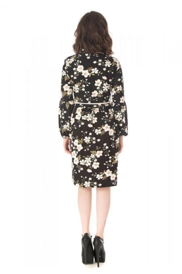 Uzun Büzgü Kol Viskon Siyah Kadın Elbise - 5