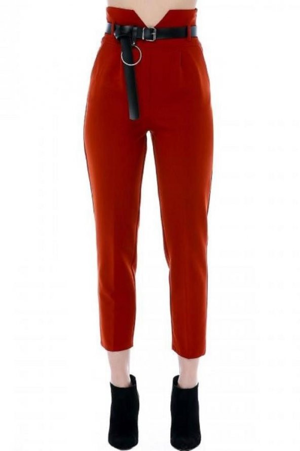 Yüksek Bel Deri Kemerli Kiremit Bilek Kadın Pantolon - 2